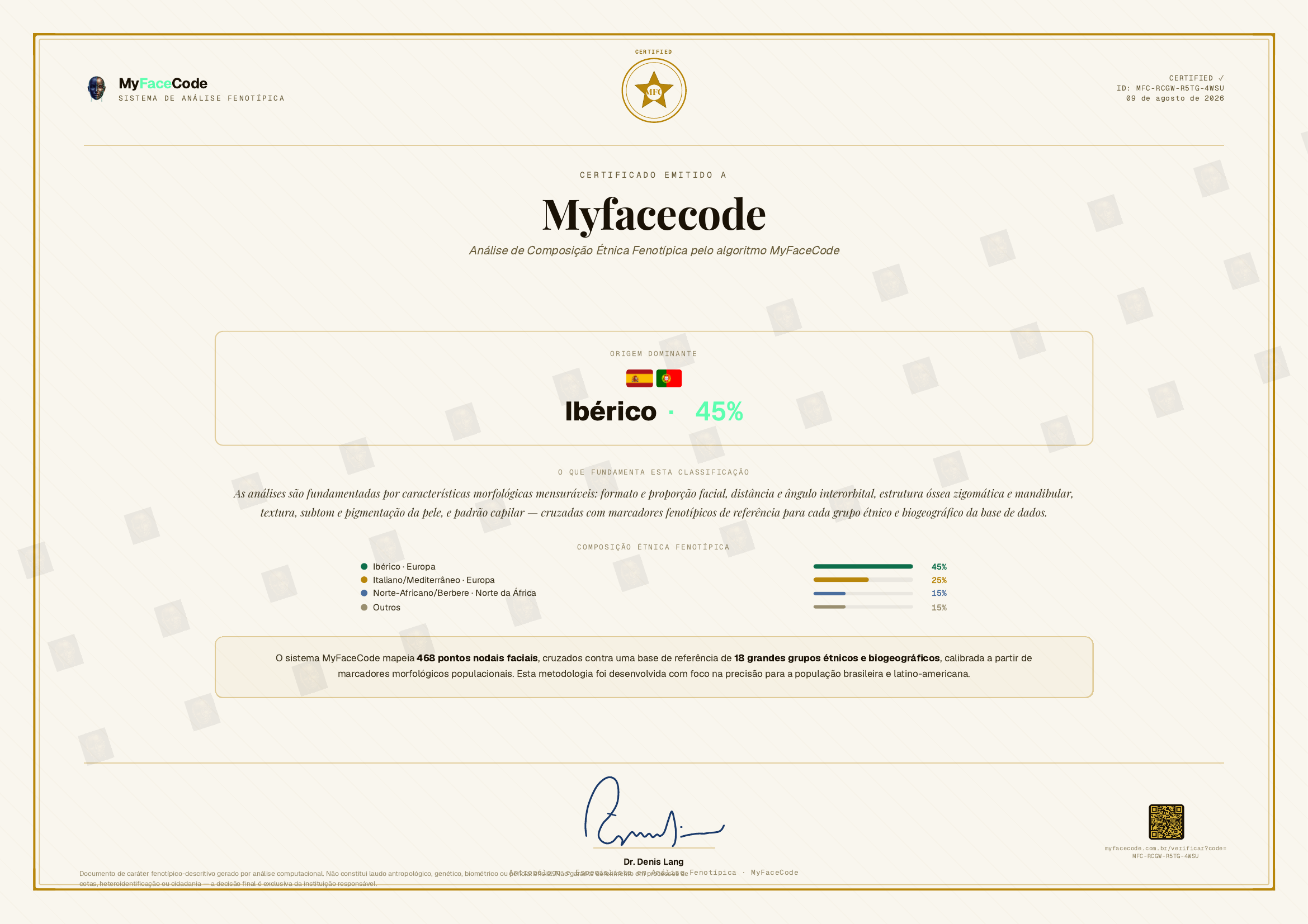 Exemplo de certificado MyFaceCode